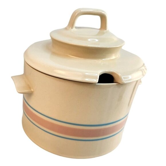 McCoy Pottery Blue Stripe Pink Band Bean Pot Casserole Dish Spoon Divot 0164 - Picture 14 of 16